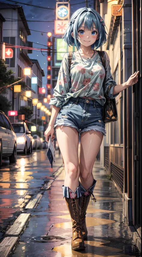 anime style, 1girl, light particles, pov, ((big smile)), ((blue eyes)), jean shorts and floral blouse, blue hair down, boots, we...