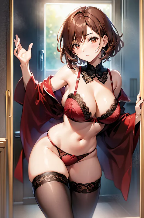 1 woman, mature, big breast, solo, lace panties, (lace bra: 1.1), lace tights, short hair, short square haircut, elongated, legs apart, brown hair, tights, red underwear, red bra, red panties, brown hair, brown hair, brown hair