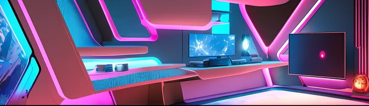 A futuristic gaming room with sleek, minimalistic design, featuring a high-tech gaming setup with multiple monitors, RGB lighting casting vibrant hues throughout the room, ergonomic gaming chair with adjustable controls, and a state-of-the-art virtual real...