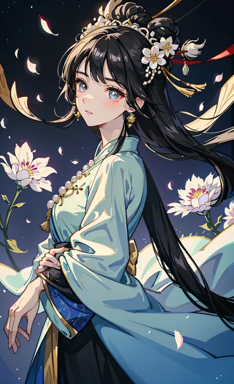 mature girl , black hair, floating hair, delicate and smart eyes, starry pupils, intricate damask hanfu, gorgeous accessories, w...