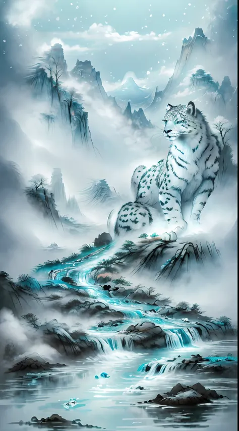 (high quality), ray tracing, epic landscape, monster, glow, ink painting, mythical creatures, dreamy clouds, turquoise mist, bli...