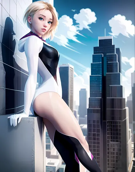 gwen stacy, full body, on top of a building, cinematic, ultra realistic