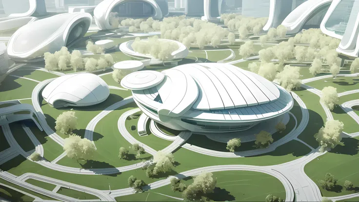 There is a large white building with a circular roof and green lawns, inspired by Zha Shibiao, by Zha Shibiao, Zaha Hadid architecture, Zaha Hadid style architecture, alien architecture, futuristic architectural art, Zaha Hadid architects, futuristic utopi...