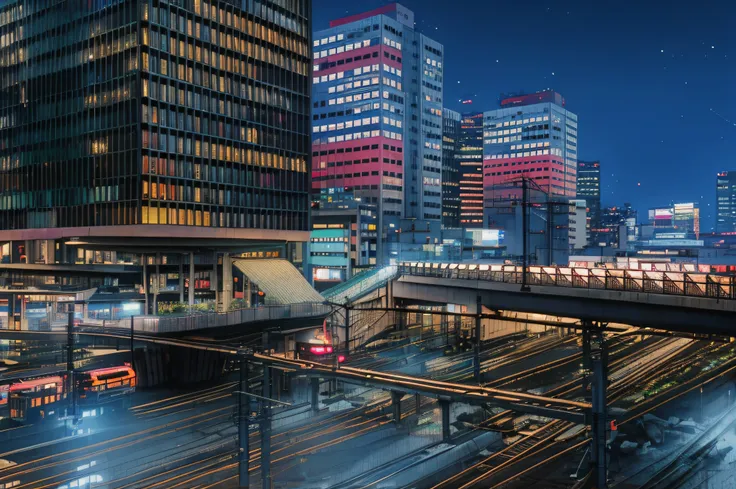 night time view of a train station with a bridge and a train, night tokyo metropoly, japanese city at night, in tokyo at night, ...