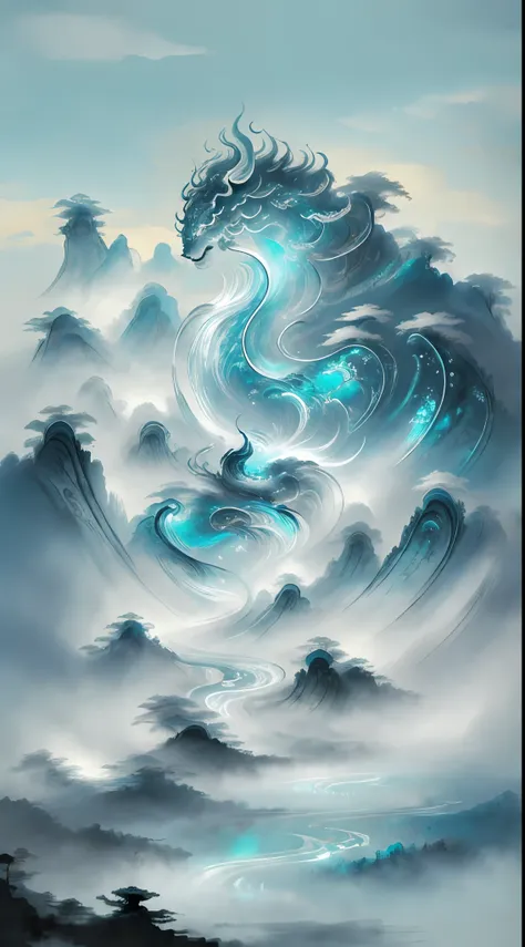 (high quality), epic, (glow: 1.3), ink painting, mythical creatures, dreamy clouds, turquoise mist, blizzard, (close-up: 1.2), (...