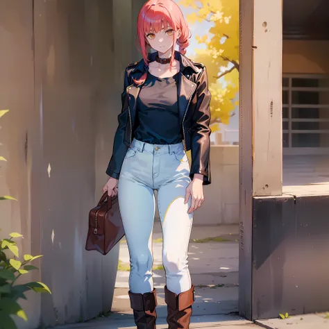 Makima, White Shirt, Long Sleeves, Classic Collar, Tight Blue Jeans, Black Leather Jacket, Brown Leather Boots, Single Collar