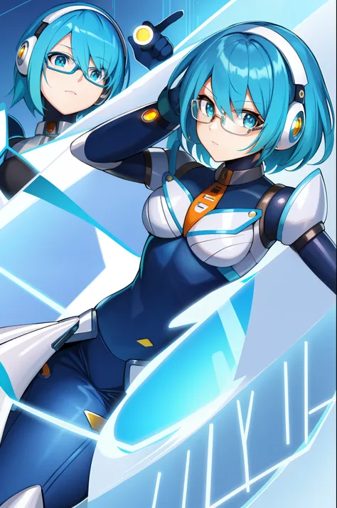 rico_megamanxdive, 1girl, solo, blue eyes, short hair, blue hair, android, bodysuit, glasses, cyberspace, masterpiece, high quality,