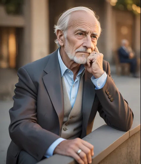 a gentleman sitting in a square, aged face, wrinkles, thoughtful countenance, photography style, fhd, 4k, dusk, 3:2 --auto --s2