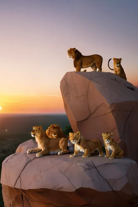guttonerdvision5, a 3-year-old boy wearing glasses, playing in the middle of a family of lions with the male lion, the female lioness and the cuddly cubs. Scene on top of a rock, with air of fun, realistic, ultra detailed, reddish sky of the sunset.