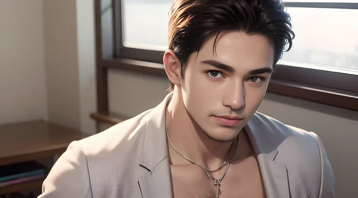 (head shot), (handsome high school muscular boy), (he is showing his chest and wearing white and pink school blazer), handsome muscular high school man in the classroom of high school, mischievous smile, (details: 1 1), natural muscles, high quality, bea...