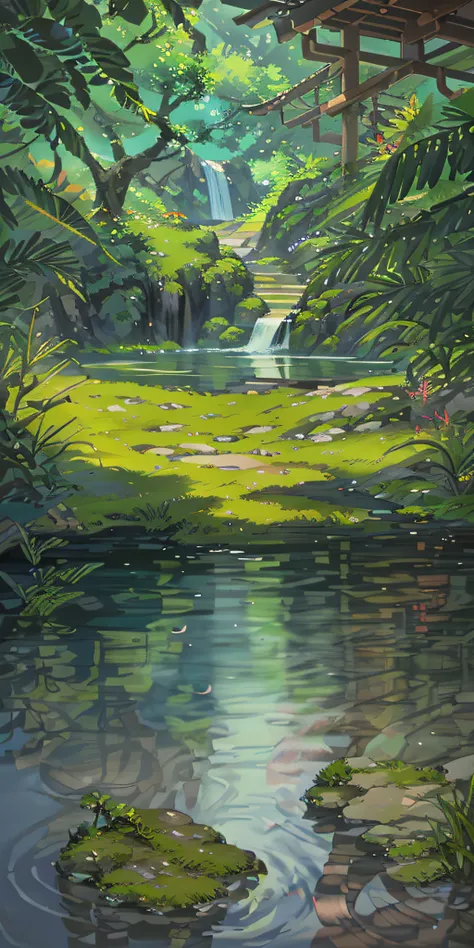 Chinese ancient times, spring, jungle, lake, cave, waterfall, tree, meadow, rock, deer, hot spring, water vapor, (illustration: 1.0), epic composition, realistic lighting, HD details, masterpiece, best quality, (very detailed CG unified 8k wallpaper)
