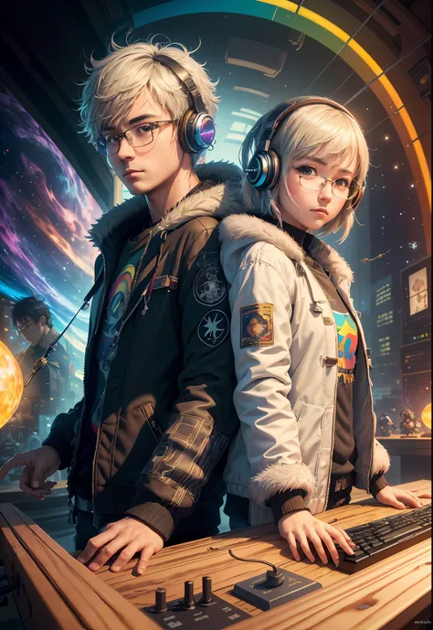 Masterpiece, Best Illustration, Solo, Multiplayer, Handsome Glasses-kun, White-haired Boy, Blonde Girl, Seated, Keyboard (Computer ), Fur Decoration, Computer, Monitor, Hood, Jacket, Hood Down (Chair, Headphones, City, Instrument, Cyberpunk, Wooden Toys,(...