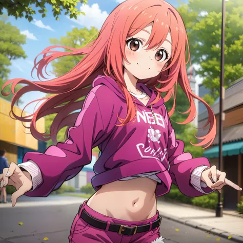 loli, pink hair, small waist, small bust, big thighs, shorts, long hair, smile, running in the park, defined abdomen, high quali...