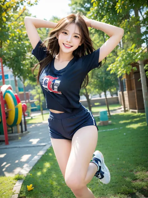 on the playground, a beautiful and lively girl is running. she wears a white short-sleeved t-shirt and dark blue sports shorts, ...