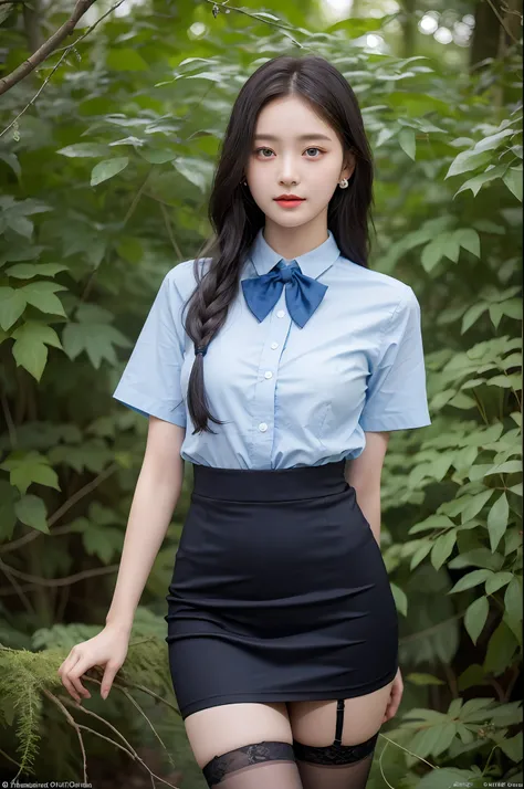A cute girl, 20 years old, light blue eyes, black hair, long bohemian hairstyle, wearing (sky blue) short skirt skirt skirt and shirt, in a dark, mysterious forest, twisted branches and creeping vines, front picture, earrings, bow tie, noon, cinematic ligh...