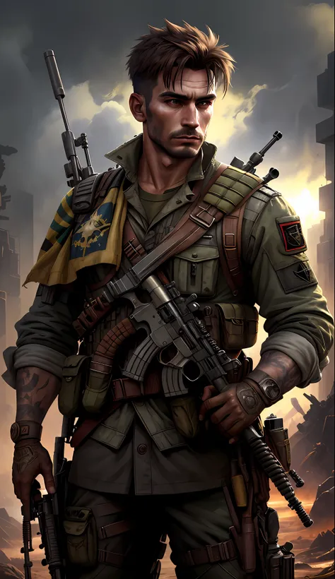 soldier with dark uniform and brazilian flag on shoulder,and rifle, ruined background, realistic, stylish, rutkowski, hdr, intri...