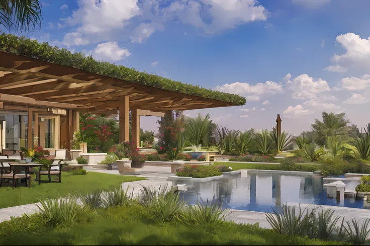 Western outdoor garden, realistic rendering, 3D rendering, lighting, detailed architectural visualization rendering, high rendering, fully detailed rendering, bright sky,
