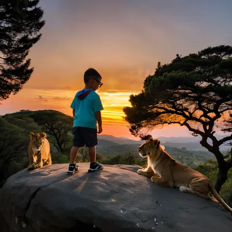 guttonerdvision5 (((a 3-year-old boy))) wearing glasses, detailed face,playing in the middle of a family of lions with the male ...