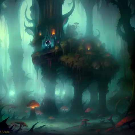 forest of fear, dark fantasy, nature, animals, strange beasts, sinister, bizarre flora, fungi, obscured light, fog