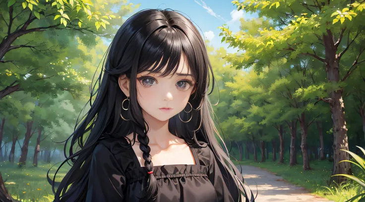 li na angry, pouting small mouth, background is outside the countryside, (li na: long hair, black hair, curly hair, simple earri...