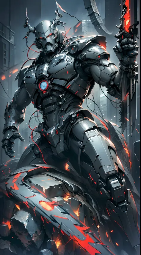 Dark_Fantasy, Cyberpunk, (chain saw, chain saw man, Red:1.1), 1man, Mechanical marvel, Robotic presence, Cybernetic guardian, Best Quality, Ultra High Resolution, (Realism: 1.4), 1man, Mecha, Metal Texture, Full Body Armor, ((Mechanical Science Fiction Bac...