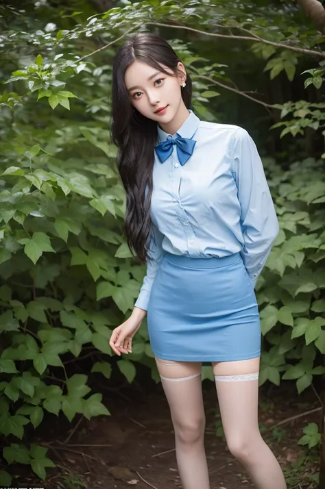 A cute girl, 20 years old, light blue eyes, black hair, long bohemian hairstyle, wearing (sky blue) short skirt skirt skirt and shirt, in a dark, mysterious forest, twisted branches and creeping vines, front picture, earrings, bow tie, noon, cinematic ligh...