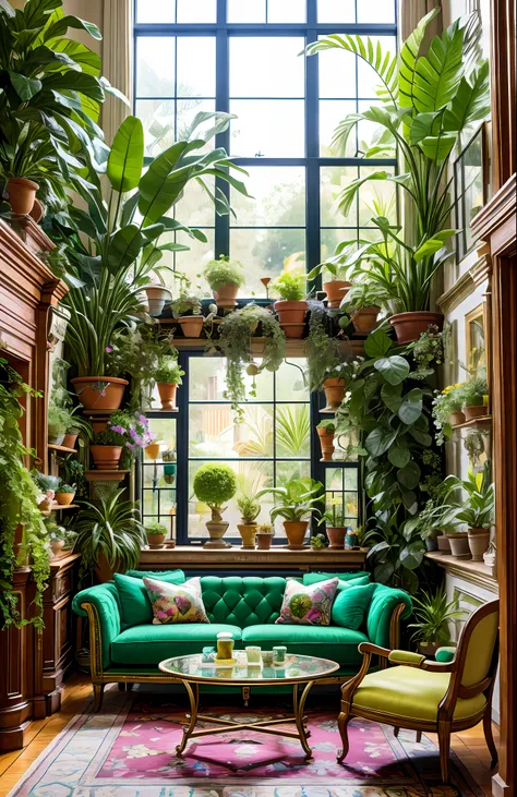 architectural digest photo of a maximalist green {vaporwave/steampunk/solarpunk} living room with lots of flowers and plants, go...