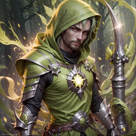 "(green hair guy),(yellow eyes) with light green magical legendary armor], [illuminated green back cover, with green hood and gr...