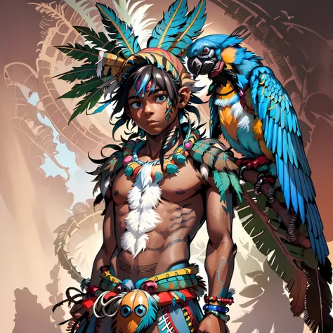 "1boy solo, masterpiece, a majestic humanoid god with native brazilian indigenous brown skin, 17 years old, adorned with some bl...