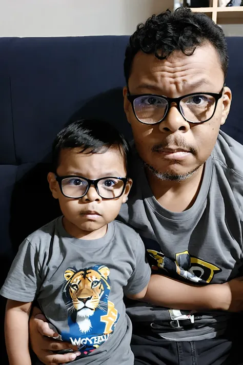 guttonerdvision5, (((a 3-year-old boy))) wearing glasses, detailed and realistic face with a family of wild and nervous lions