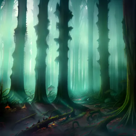 forest of fear, dark fantasy, nature, animals, dense shadows, sinister, dense flora, fungi, primeval forest, conifers, pines, oa...