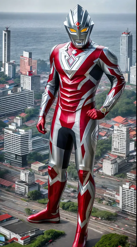 Indonesian Ultraman,(165feet height), [red|white], realistic, high detail raw photo, masterpiece, best quality, detailed, hyper realistic, (full body), detailed face, highly detailed, hdr, ((smooth)), sharp focus, look at viewer, (ruined Jakarta city), (((...