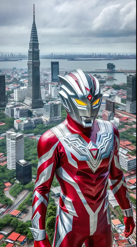 Indonesian Ultraman,(165feet height), [red|white], realistic, high detail raw photo, masterpiece, best quality, detailed, hyper realistic, (full body), detailed face, highly detailed, hdr, ((smooth)), sharp focus, look at viewer, (ruined Jakarta city), (((...