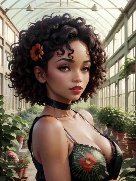color Film photograph of a beautiful ebony woman, short hair, curly hair, flower greenhouse, 1980s, makeup, red lipstick
