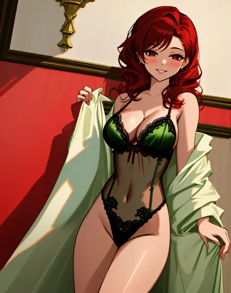 4K, Masterpiece, highres, absurdres, smiling,edgTemptation, a woman in a sexy lingerie sheered robe posing for a picture , wearing edgTemptation, dark green lingerie, dark red hair, milf, cleavage, large breasts, happy smile
