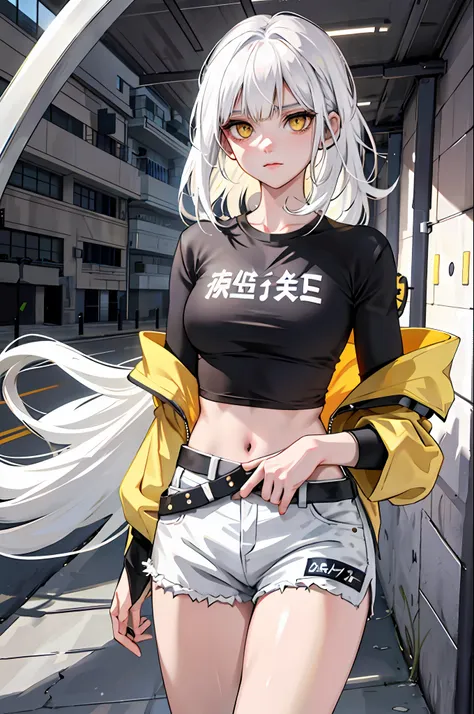 white hair, yellow eyes, beautiful girl, t-shirt, shorts, cool, emotionless, solo ,body women