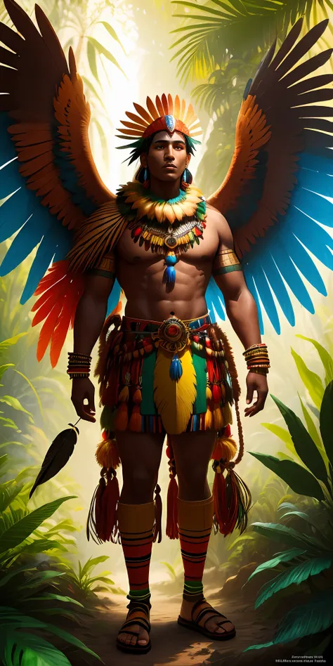 humanoid character, brown skin, tupi guarani amulets, parrot macaw wings, and human body, tall body and covered with feathers, a...