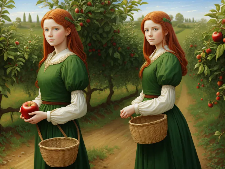 Portrait of a redheaded, green-eyed teenage woman in medieval peasant clothes on an apple plantation, painted by Ted Nasmith, Super detailed, Super face rendering, Front View.