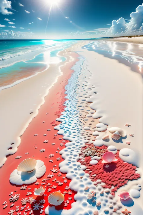 delicate scene,depth of field, 8K, The ivory sky,white clouds,and sunlight shine on the snow-white beach. The coral sea,and many colorful tinny shells on the beach,red roses, roses focus,