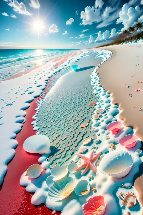 delicate scene,depth of field, 8k, the ivory sky,white clouds,and sunlight shine on the snow-white beach. the coral sea,and many...