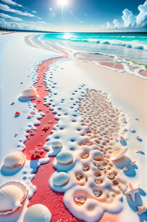 delicate scene,depth of field, 8K, The ivory sky,white clouds,and sunlight shine on the snow-white beach. The coral sea,and many colorful tinny shells on the beach,red roses, roses focus,