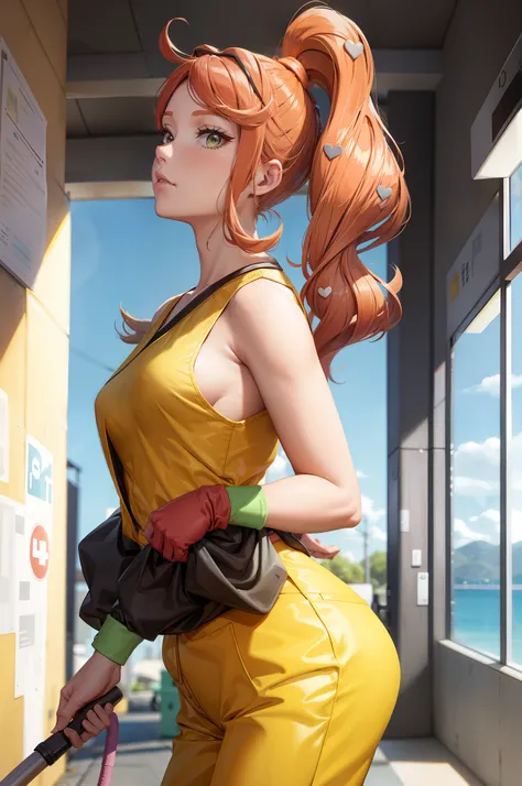 sonia
side ponytail
heart hair ornament
eyewear on head, working as a janitor, pretty, tight yellow janitor jumpsuit