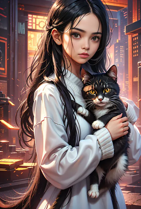 1girl,black hair,solo,holding animal,looking at viewer,black eyes,holding,long hair,holding cat,realistic,simple background,cove...