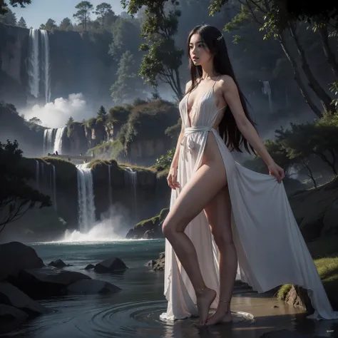 "(Beautiful woman and shooter) in dynamic pose, with long waterfall-like hair, camera focus adjusted, palace in the background, obvious contrast between light and dark, multiple light sources intertwined, prominent halos, lit many lights, creating a myster...
