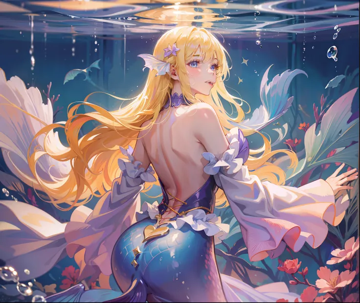 Ridiculous, high resolution, super detailed), 1 girl, solo, mature, (long blonde), fanatical, long sleeves, elegant, holy, colorful, highest detail, underwater, floating hair, flower, back, upper body purple human tail mermaid