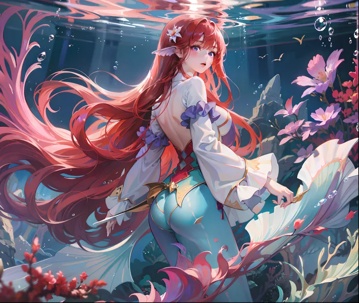 Ridiculous, High Resolution, Ultra Detailed), 1 Girl, Solo, Mature, (Long Red Hair Purple), Fanatic, Long Sleeves, Elegant, Holy, Colorful, Supreme Detail, Underwater, Floating Hair, Flower, Back, Upper Body Colorful White Man Tail Mermaid