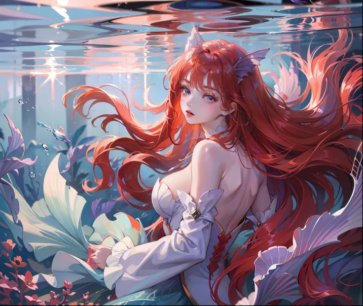 Ridiculous, High Resolution, Ultra Detailed), 1 Girl, Solo, Mature, (Long Red Hair Purple), Fanatic, Long Sleeves, Elegant, Holy, Colorful, Supreme Detail, Underwater, Floating Hair, Flower, Back, Upper Body Colorful White Man Tail Mermaid Full Body