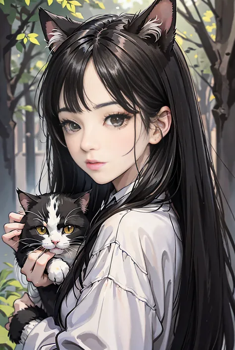 1girl,black hair,solo,holding animal,looking at viewer,black eyes,holding,long hair,holding cat,realistic,le backupper body,long...