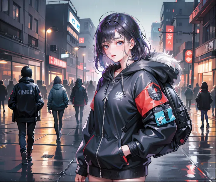 1girl, jacket, rain, outdoor, hoodie, open jacket, chain, backpack, messy hair, trend on artstation, 8k resolution, very detaile...