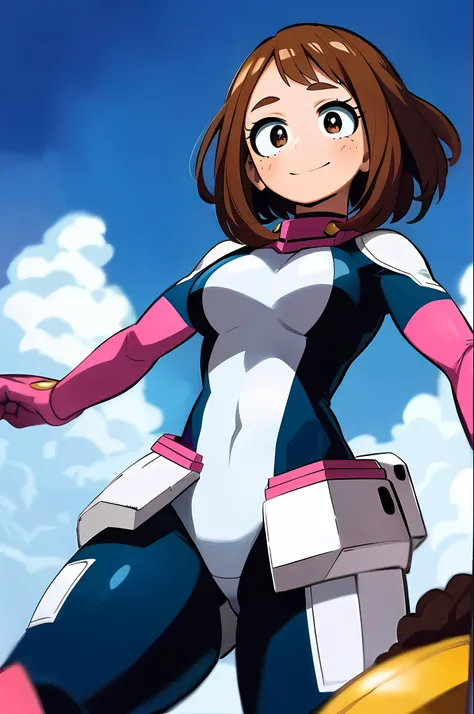 1girl, cowboy shot,
brown hair, brown eyes, short hair, light smile, blush stickers, uraraka ochako,
superhero uniform, black an...